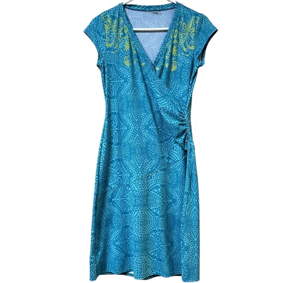 Athleta Dresses & Skirts - Athleta Turquoise Blue Nectar Tattoo Surplice Wrap Ruched Stretch Dress Size S